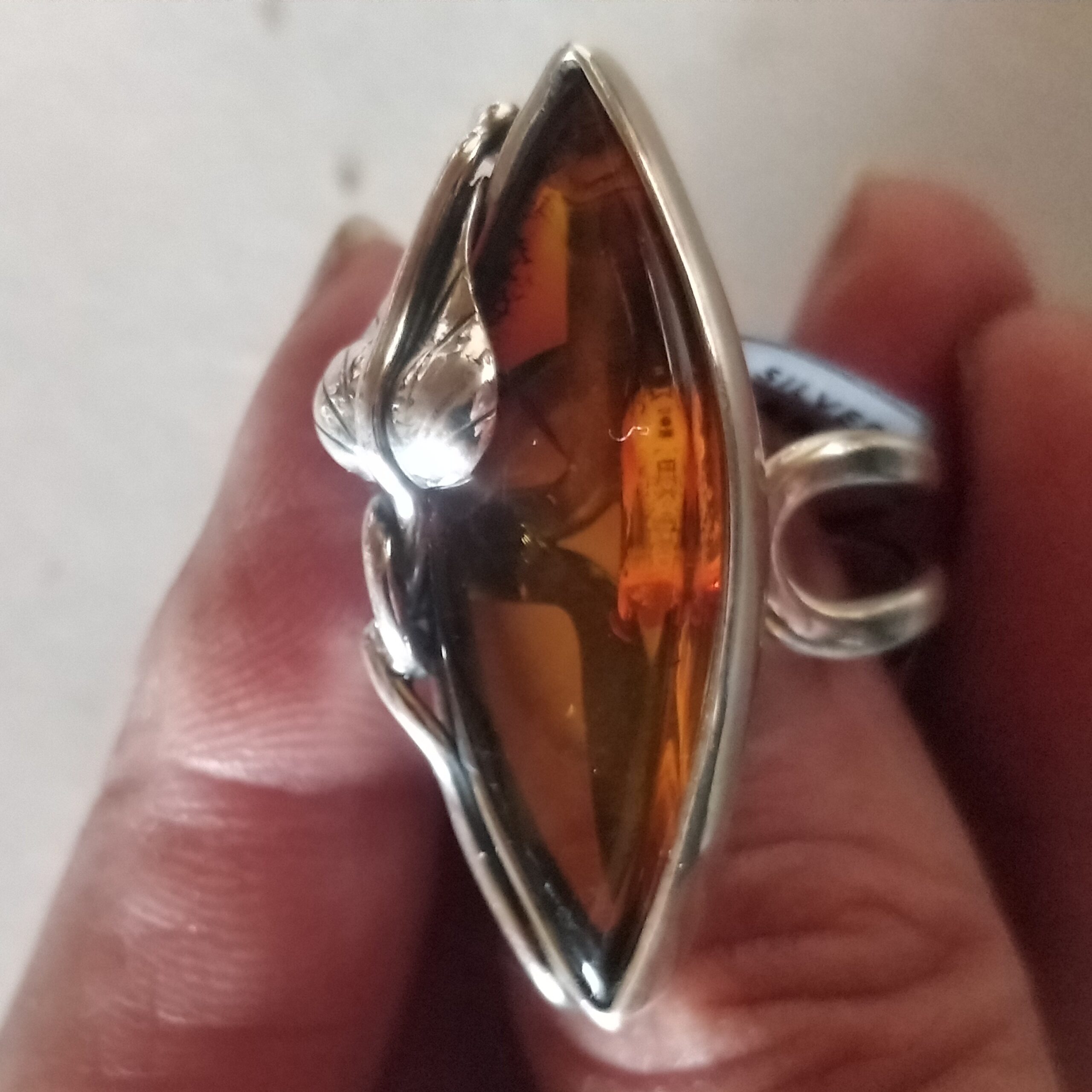 Amber Ring Sterling Silver 925 Sz Adjustable