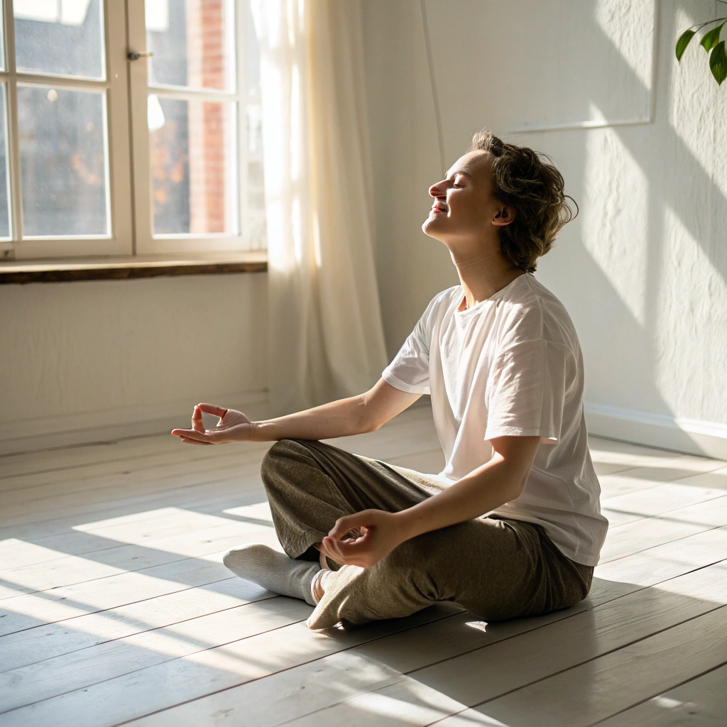 older woman meditating with sunshine on her face